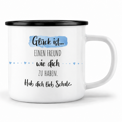 Emaille Tasse mit Namen | Glück ist einen Freund wie dich zu haben
