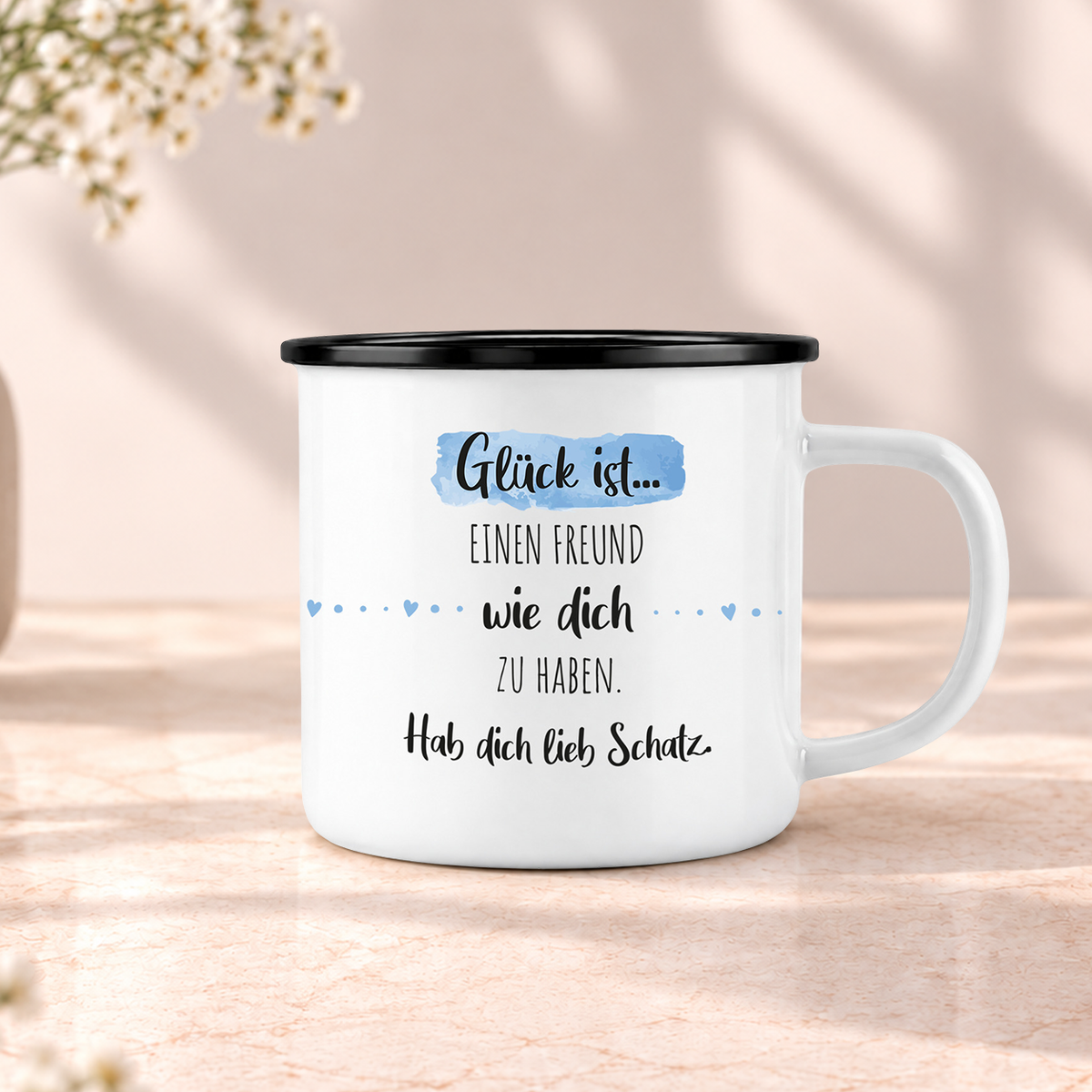 Emaille Tasse mit Namen | Glück ist einen Freund wie dich zu haben