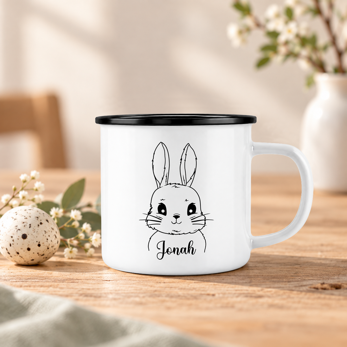 Emaille Tasse mit Namen | Hasen Junge