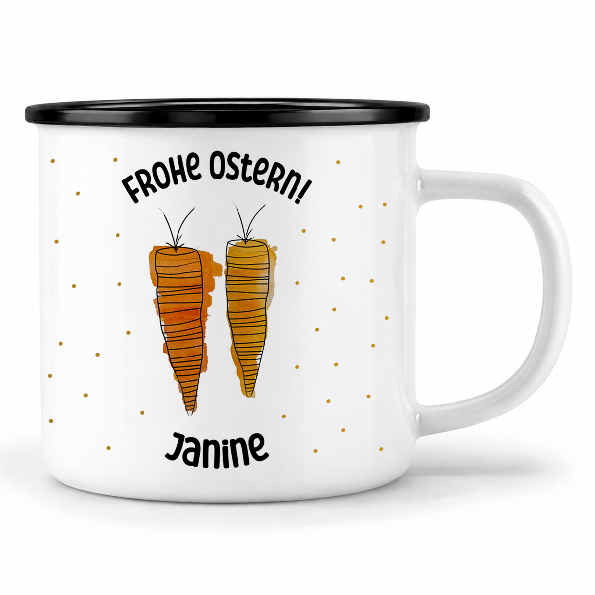 Emaille Tasse mit Namen | Frohe Ostern Karotten
