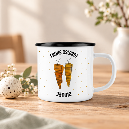Emaille Tasse mit Namen | Frohe Ostern Karotten