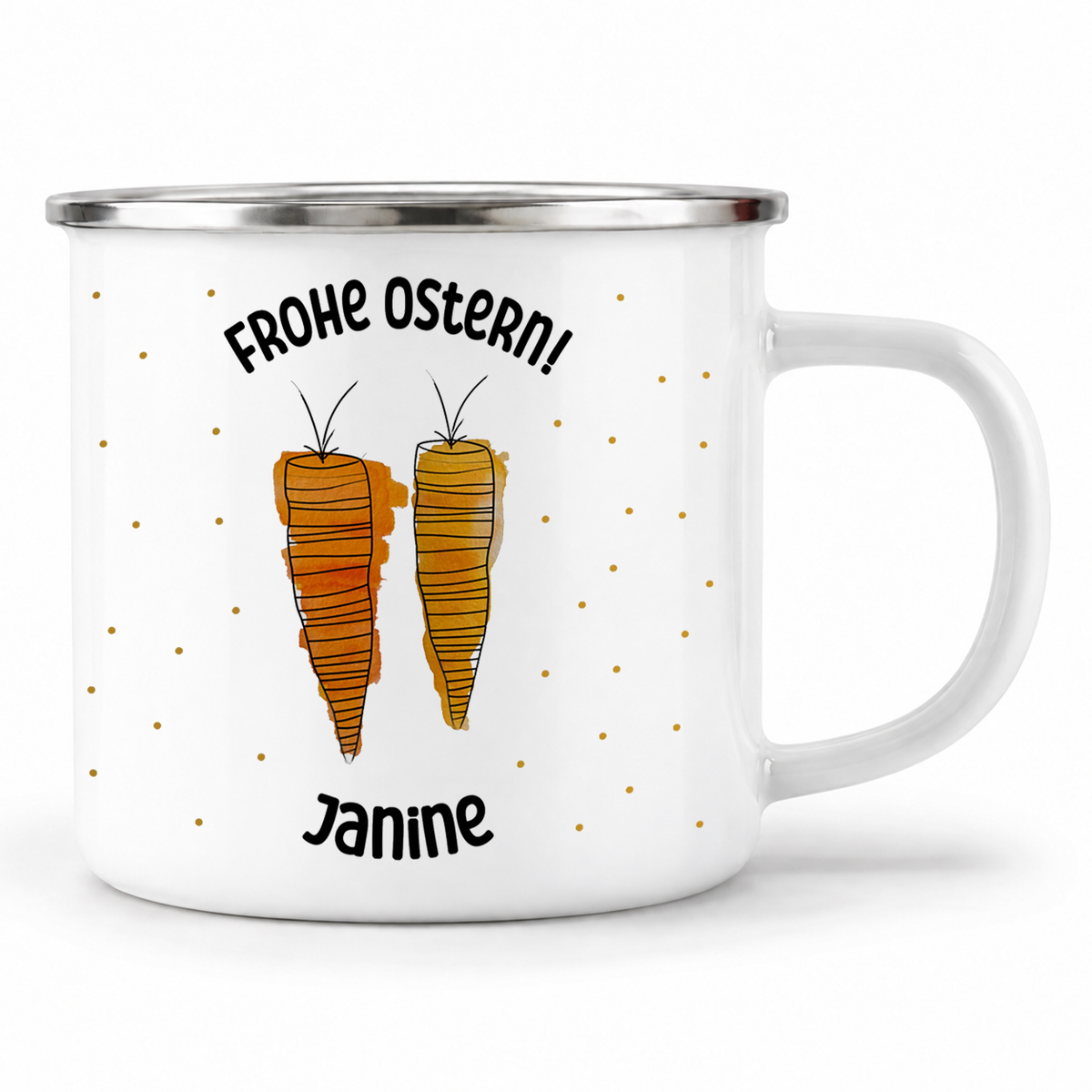 Emaille Tasse mit Namen | Frohe Ostern Karotten