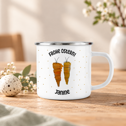 Emaille Tasse mit Namen | Frohe Ostern Karotten