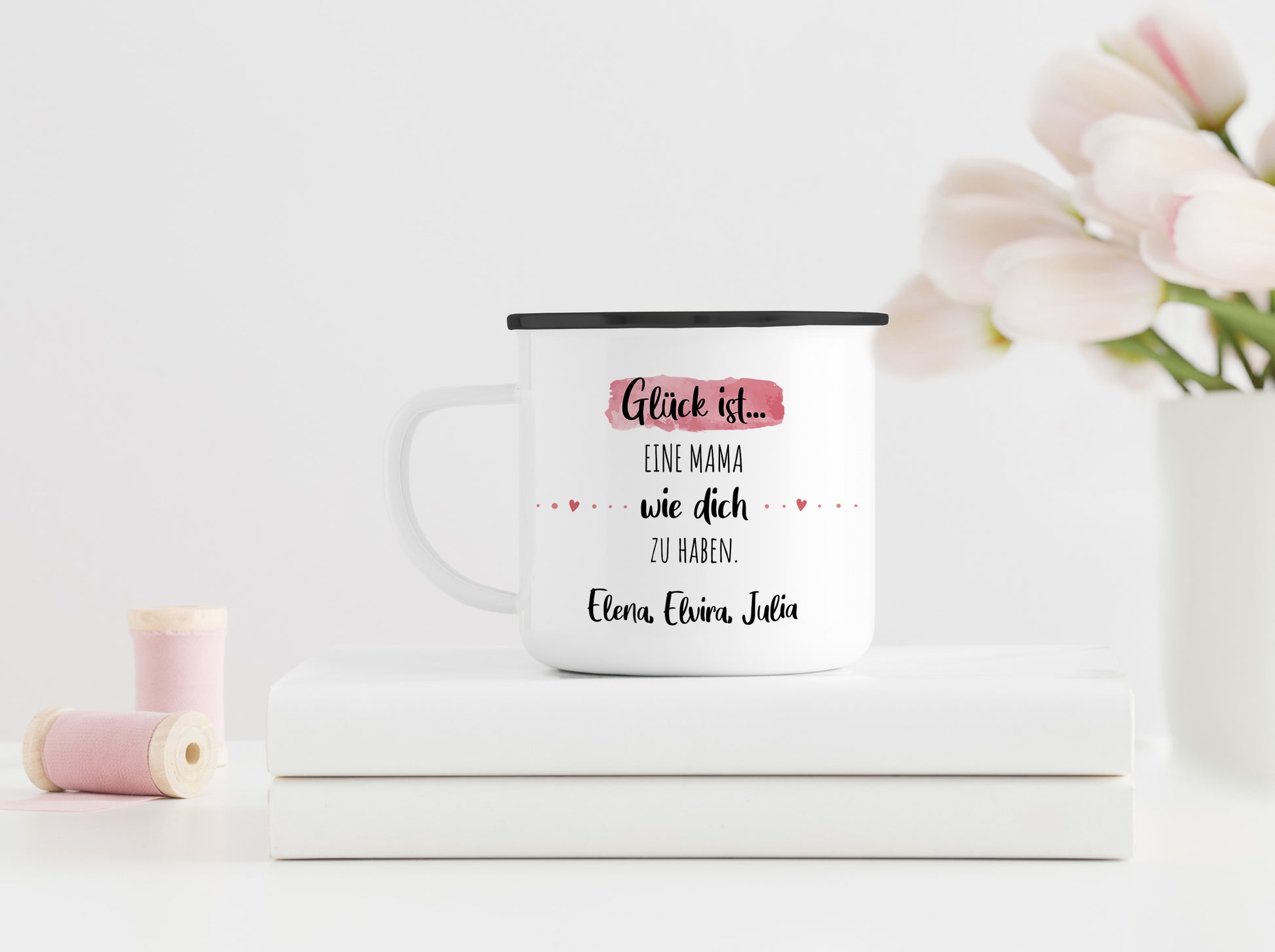 Emaille Tasse mit Name | Glück ist eine Mama wie dich zu haben - verschenkich.de