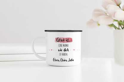 Emaille Tasse mit Name | Glück ist eine Mama wie dich zu haben - verschenkich.de