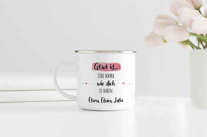 Emaille Tasse mit Name | Glück ist eine Mama wie dich zu haben - verschenkich.de