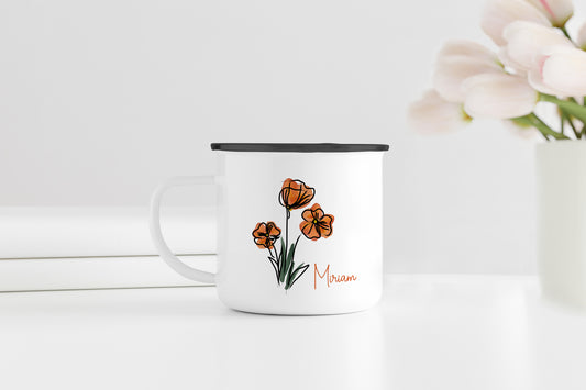 Emaille Tasse mit Name | Mohnblumen - verschenkich.de