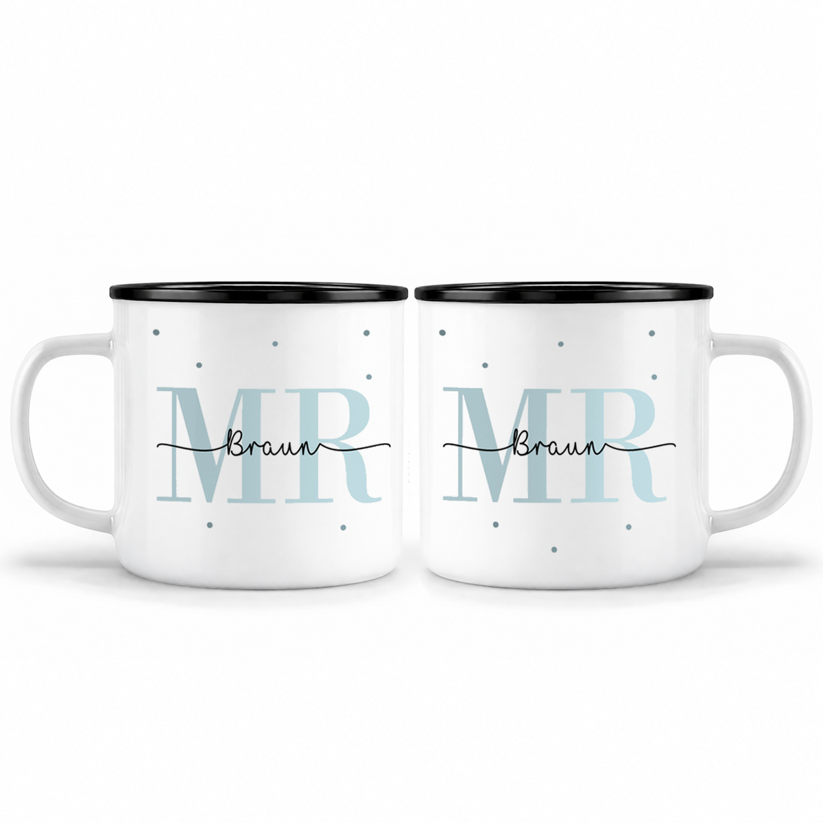 Keramik Emaille-Optik Tassen-Set mit Namen + Datum | Mr + Mr