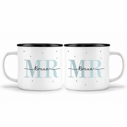 Keramik Emaille-Optik Tassen-Set mit Namen + Datum | Mr + Mr