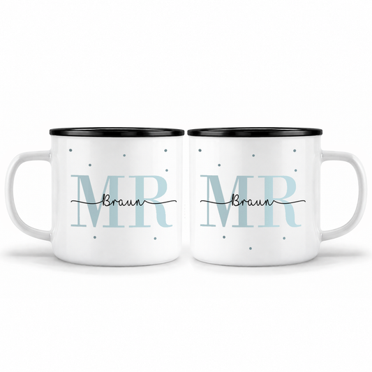 Keramik Emaille-Optik Tassen-Set mit Namen + Datum | Mr + Mr