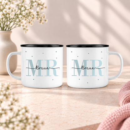 Keramik Emaille-Optik Tassen-Set mit Namen + Datum | Mr + Mr