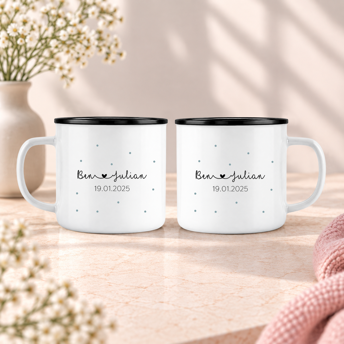 Keramik Emaille-Optik Tassen-Set mit Namen + Datum | Mr + Mr