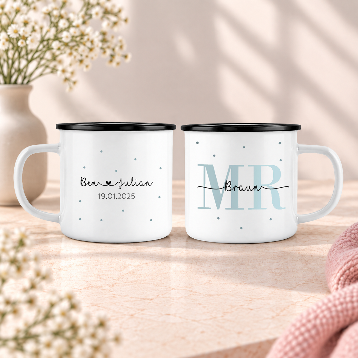 Emaille Tassen-Set mit Namen + Datum | Mr + Mr