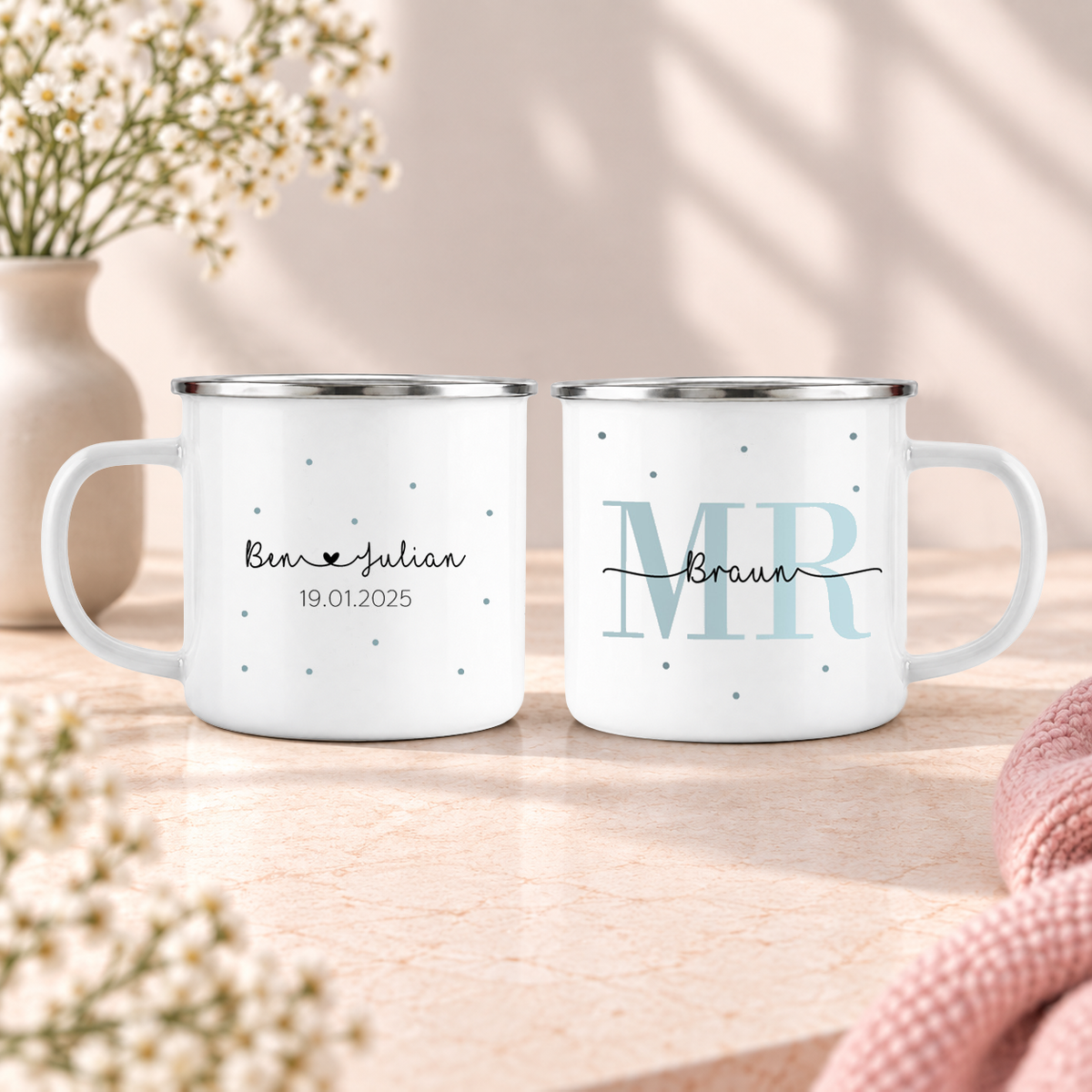 Emaille Tassen-Set mit Namen + Datum | Mr + Mr