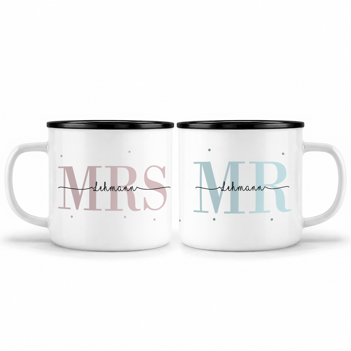 Keramik Emaille-Optik Tassen-Set mit Namen + Datum | Mrs + Mr