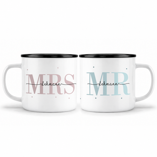 Keramik Emaille-Optik Tassen-Set mit Namen + Datum | Mrs + Mr