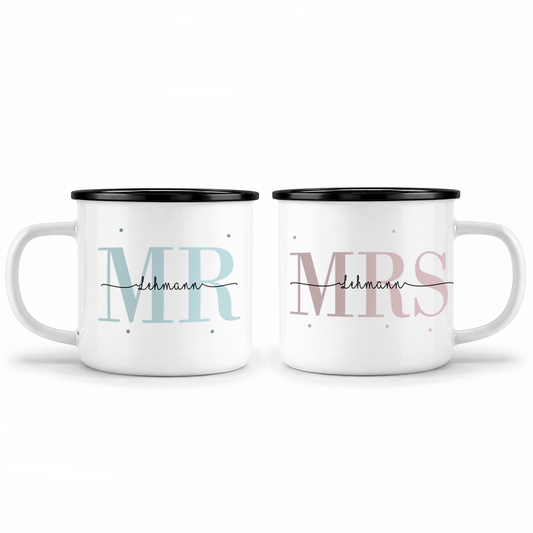Emaille Tassen-Set mit Namen + Datum | Mrs + Mr