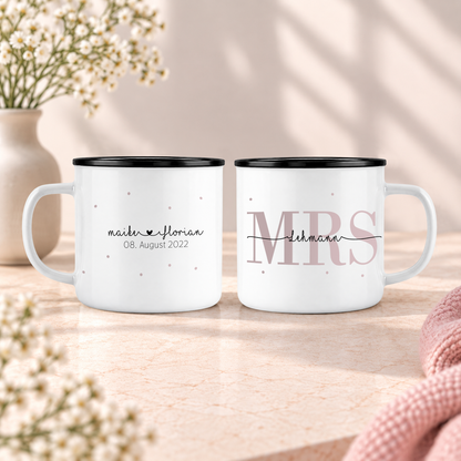 Keramik Emaille-Optik Tassen-Set mit Namen + Datum | Mrs + Mr