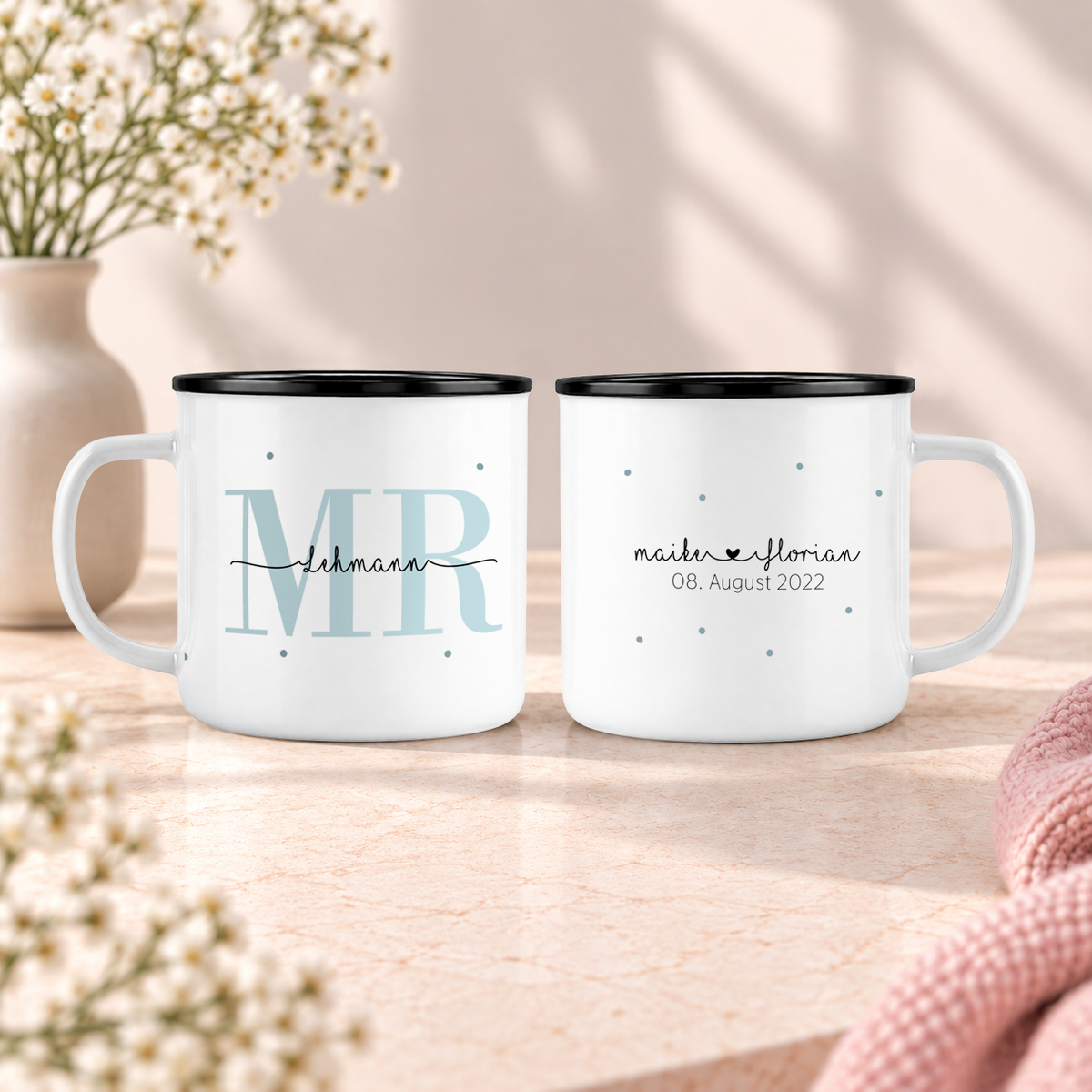 Keramik Emaille-Optik Tassen-Set mit Namen + Datum | Mrs + Mr