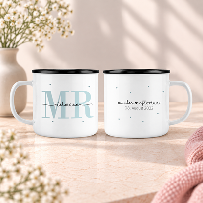 Keramik Emaille-Optik Tassen-Set mit Namen + Datum | Mrs + Mr