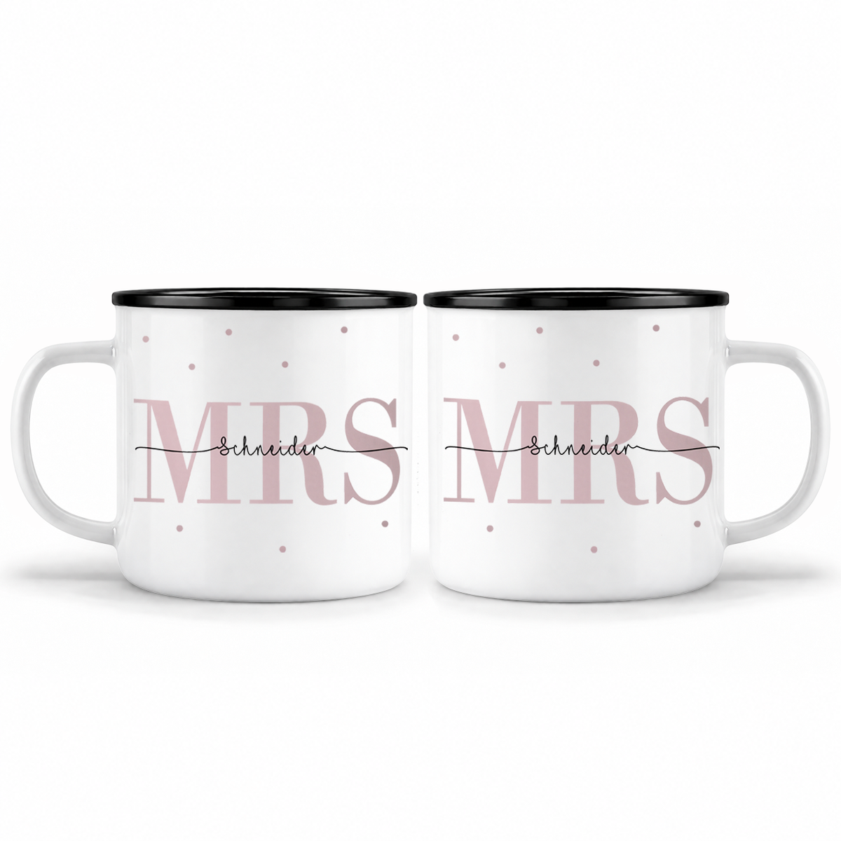 Keramik Emaille-Optik Tassen-Set mit Namen + Datum | Mrs + Mrs