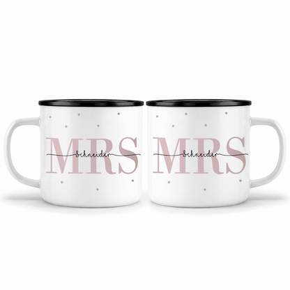 Keramik Emaille-Optik Tassen-Set mit Namen + Datum | Mrs + Mrs