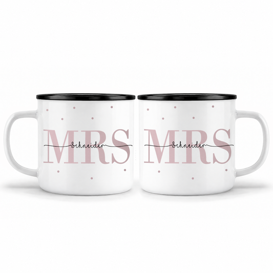 Keramik Emaille-Optik Tassen-Set mit Namen + Datum | Mrs + Mrs