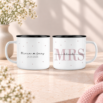 Keramik Emaille-Optik Tassen-Set mit Namen + Datum | Mrs + Mrs
