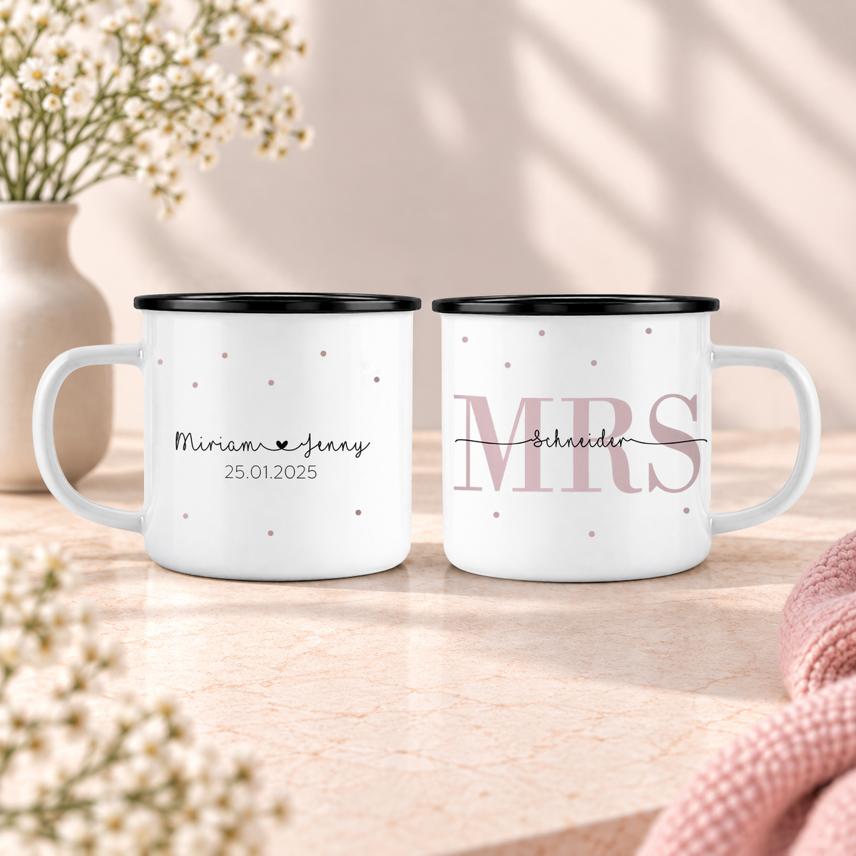 Emaille Tassen-Set mit Namen + Datum | Mrs + Mrs