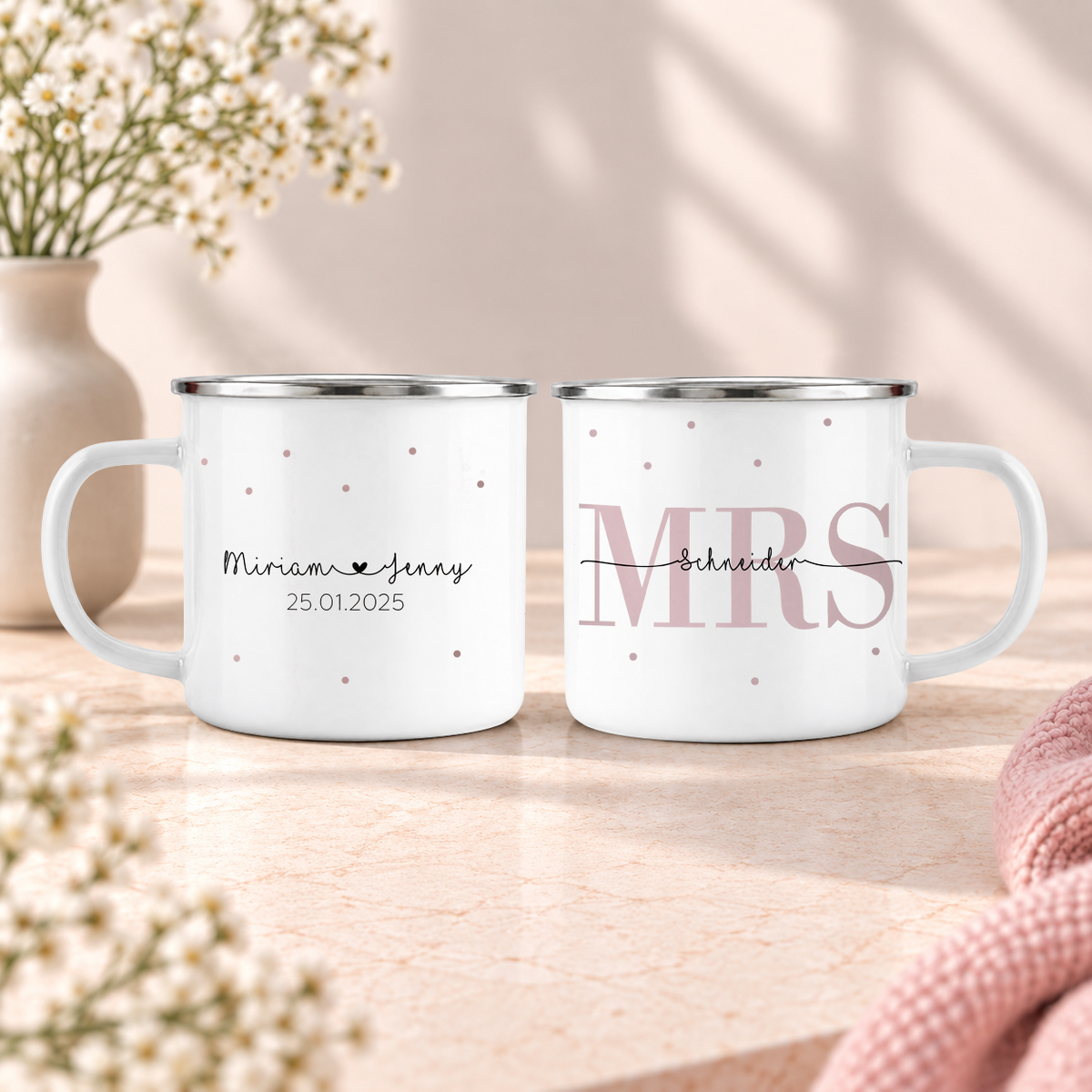 Emaille Tassen-Set mit Namen + Datum | Mrs + Mrs