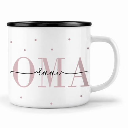 Keramik Emaille-Optik Tasse mit Namen + Enkel Geburtsjahr | Oma