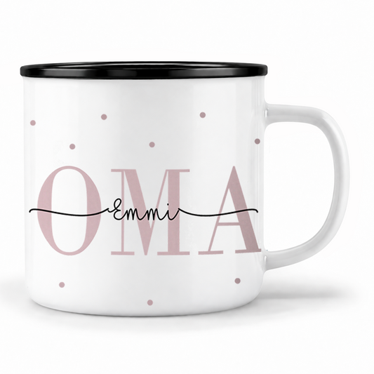 Keramik Emaille-Optik Tasse mit Namen + Enkel Geburtsjahr | Oma
