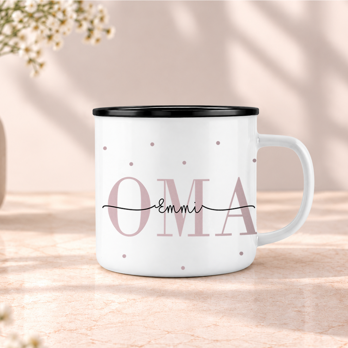 Keramik Emaille-Optik Tasse mit Namen + Enkel Geburtsjahr | Oma