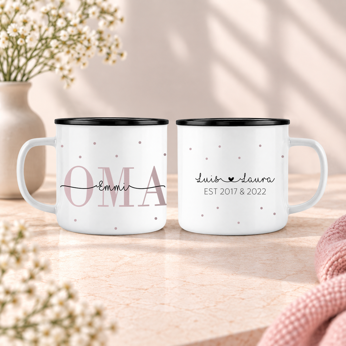 Keramik Emaille-Optik Tasse mit Namen + Enkel Geburtsjahr | Oma