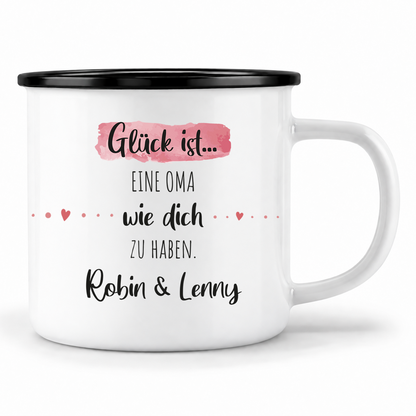 Emaille Tasse mit Namen | Glück ist eine Oma wie dich zu haben