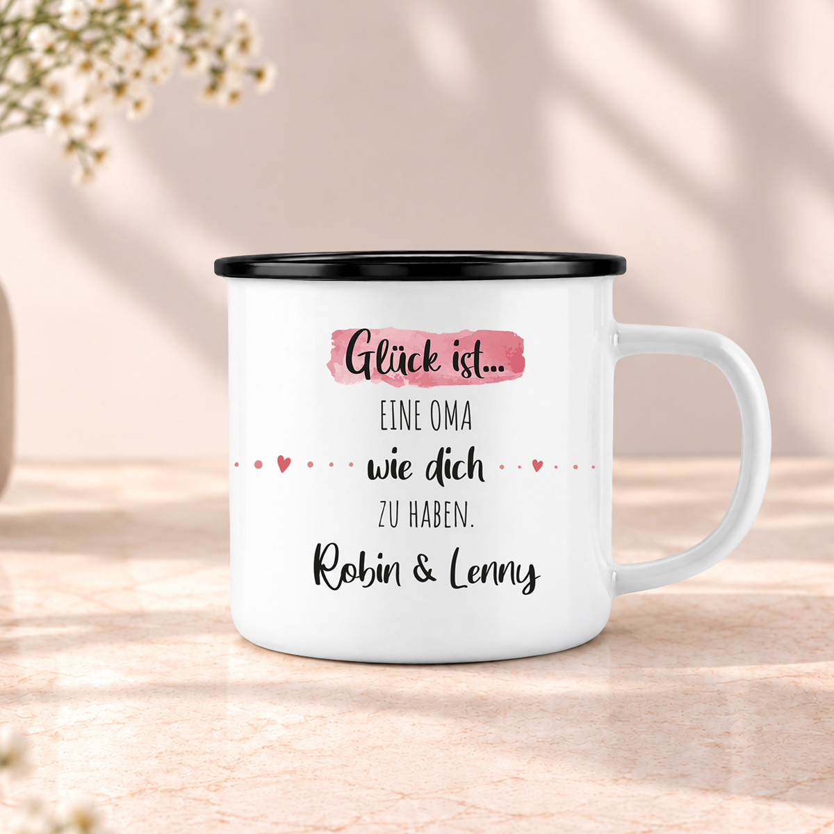 Emaille Tasse mit Namen | Glück ist eine Oma wie dich zu haben
