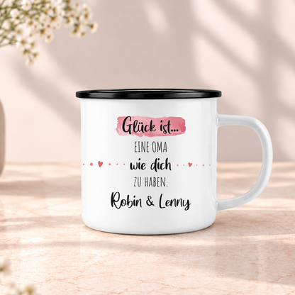 Emaille Tasse mit Namen | Glück ist eine Oma wie dich zu haben