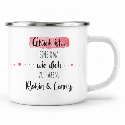 Emaille Tasse mit Namen | Glück ist eine Oma wie dich zu haben