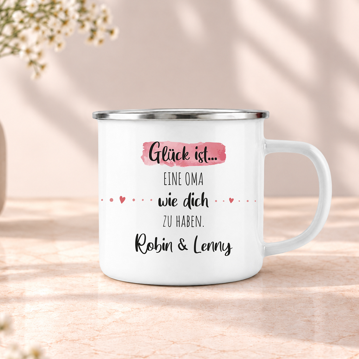 Emaille Tasse mit Namen | Glück ist eine Oma wie dich zu haben