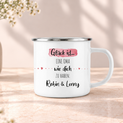 Emaille Tasse mit Namen | Glück ist eine Oma wie dich zu haben
