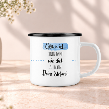 Emaille Tasse mit Namen | Glück ist einen Onkel wie dich zu haben