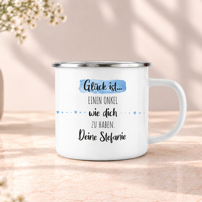 Emaille Tasse mit Namen | Glück ist einen Onkel wie dich zu haben
