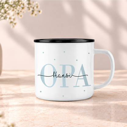 Keramik Emaille-Optik Tasse mit Namen + Enkel Geburtsjahr | Opa