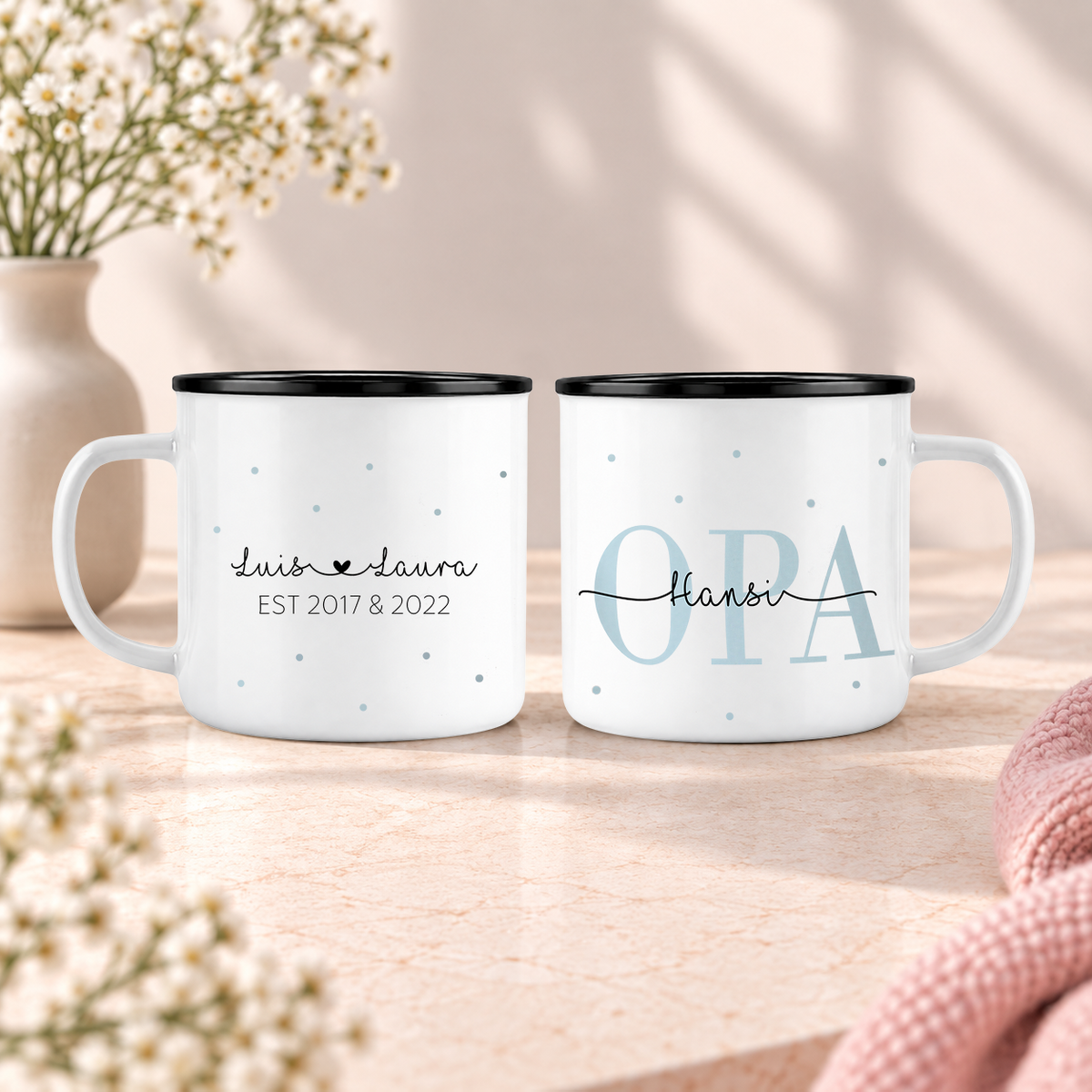 Keramik Emaille-Optik Tasse mit Namen + Enkel Geburtsjahr | Opa
