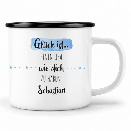 Emaille Tasse mit Namen | Glück ist einen Opa wie dich zu haben