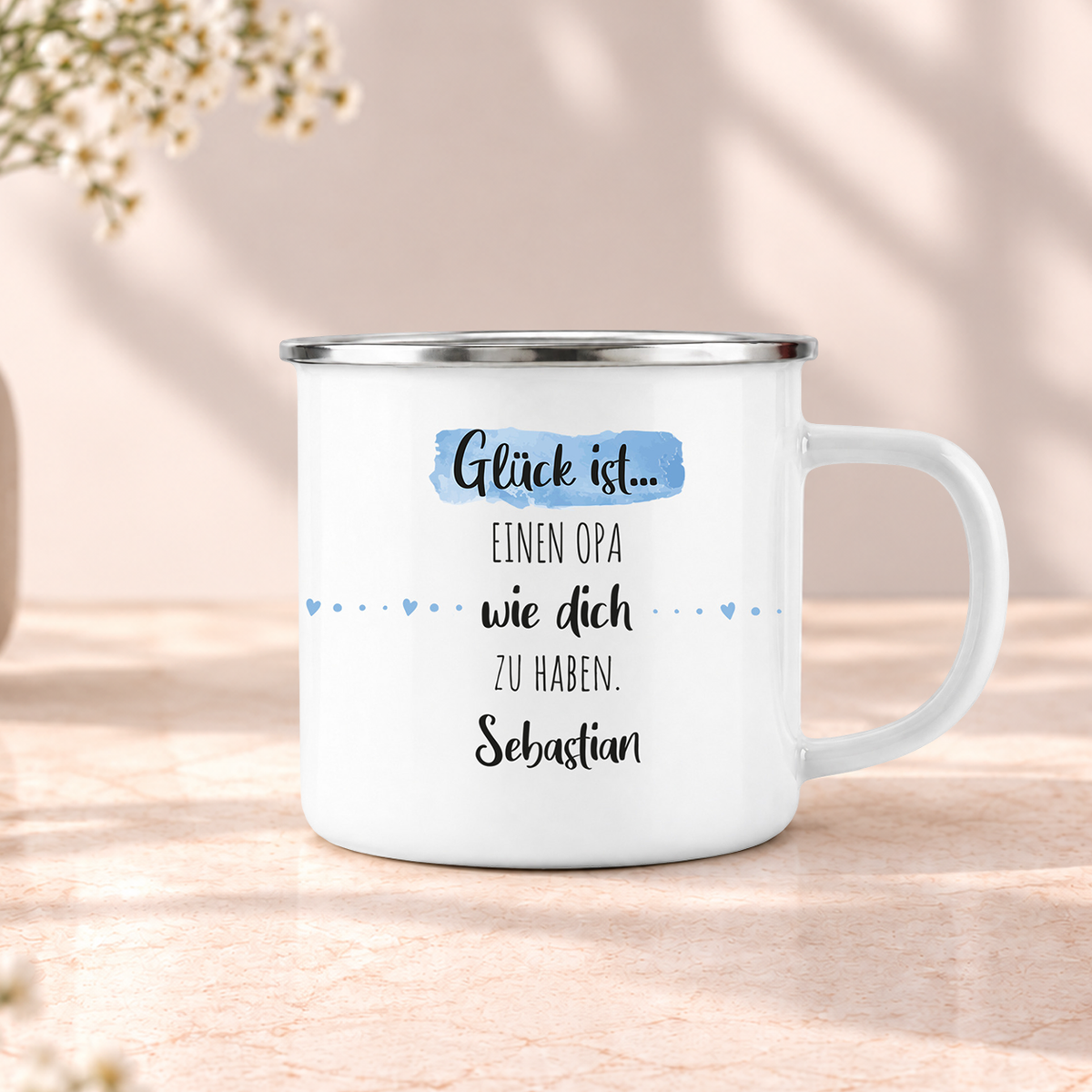 Emaille Tasse mit Namen | Glück ist einen Opa wie dich zu haben