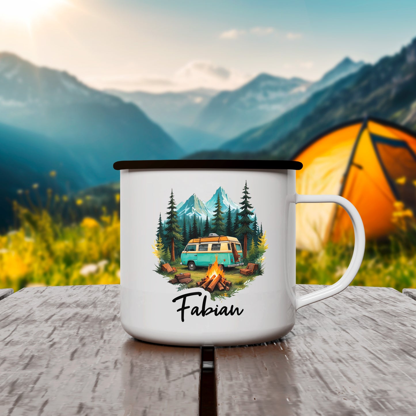 Emaille Tasse | Camping Van Forrest mit Name - verschenkich.de