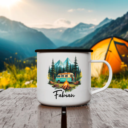 Emaille Tasse | Camping Van Forrest mit Name - verschenkich.de