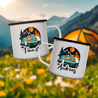 Emaille Tasse | Camping Van 'I Love it' mit Name - verschenkich.de
