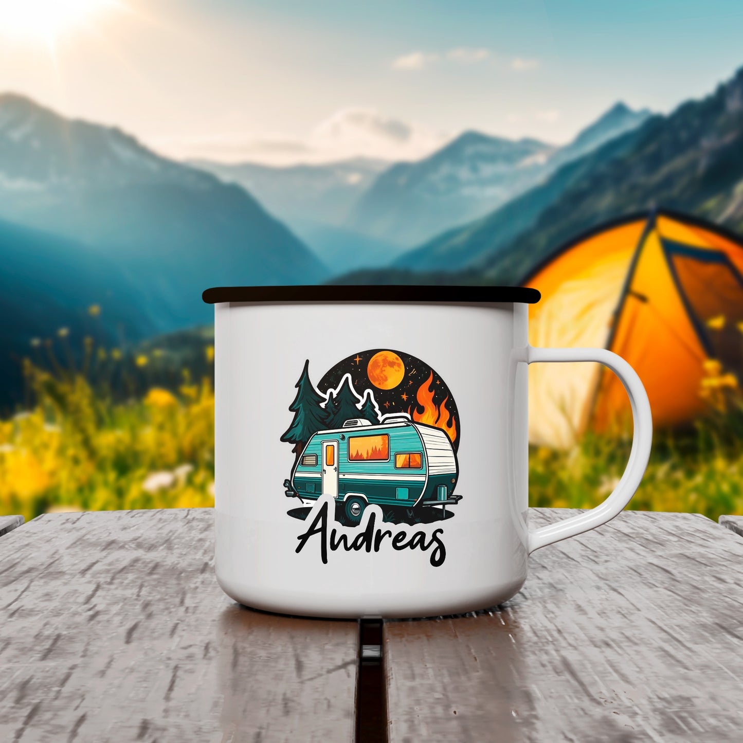 Emaille Tasse | Camping Van Moon mit Name - verschenkich.de